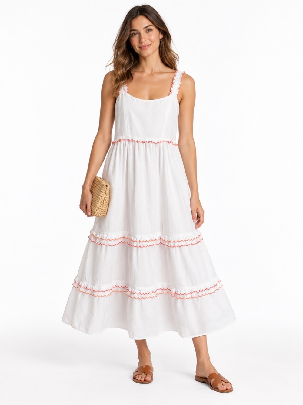J. CREW White Cotton Tiered Midi Sundress Ted Orange Ruffle Trim Size 6 Coastal